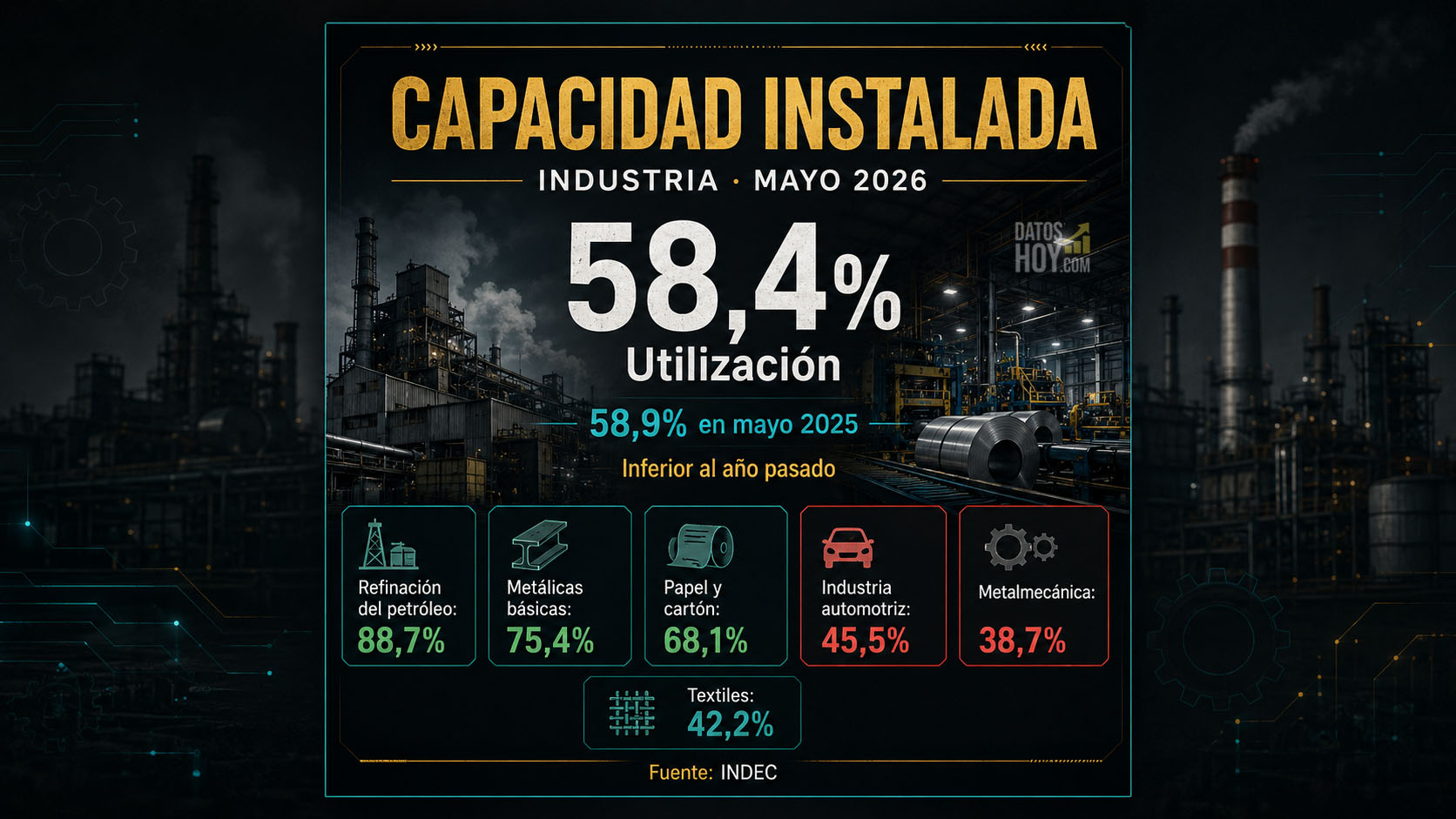 Portada sobre la utilización de la capacidad instalada en la industria en mayo de 2026: nivel general de 58,4%, por debajo del 58,9% de mayo de 2025, con refinación del petróleo en 88,7%, metálicas básicas en 75,4% y metalmecánica en 38,7%, según INDEC.
