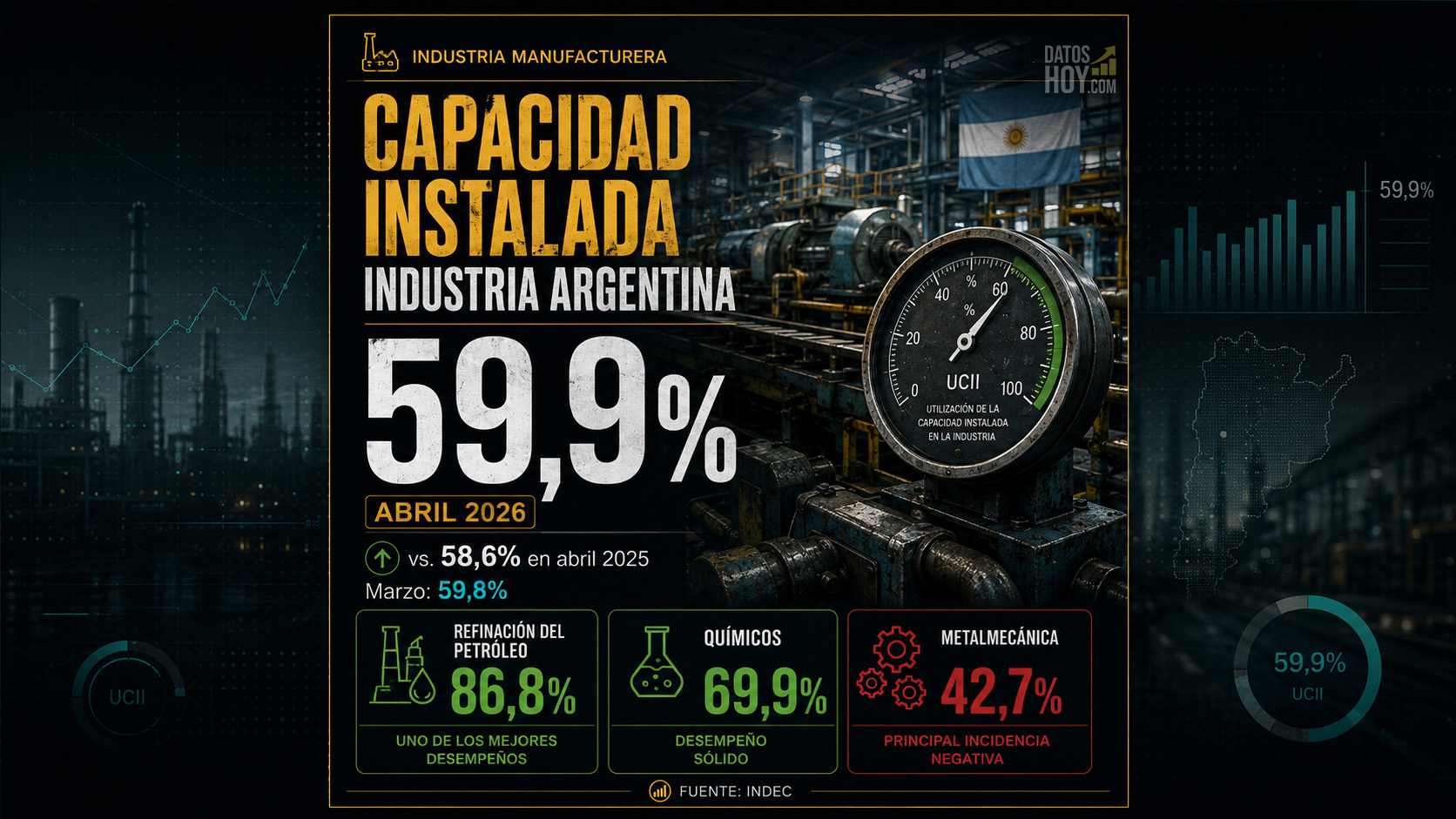 Portada de DatosHoy sobre la capacidad instalada industrial en abril de 2026, con utilización del 59,9%, mejora frente al 58,6% de 2025 y destaque de refinación del petróleo, químicos y metalmecánica según INDEC.