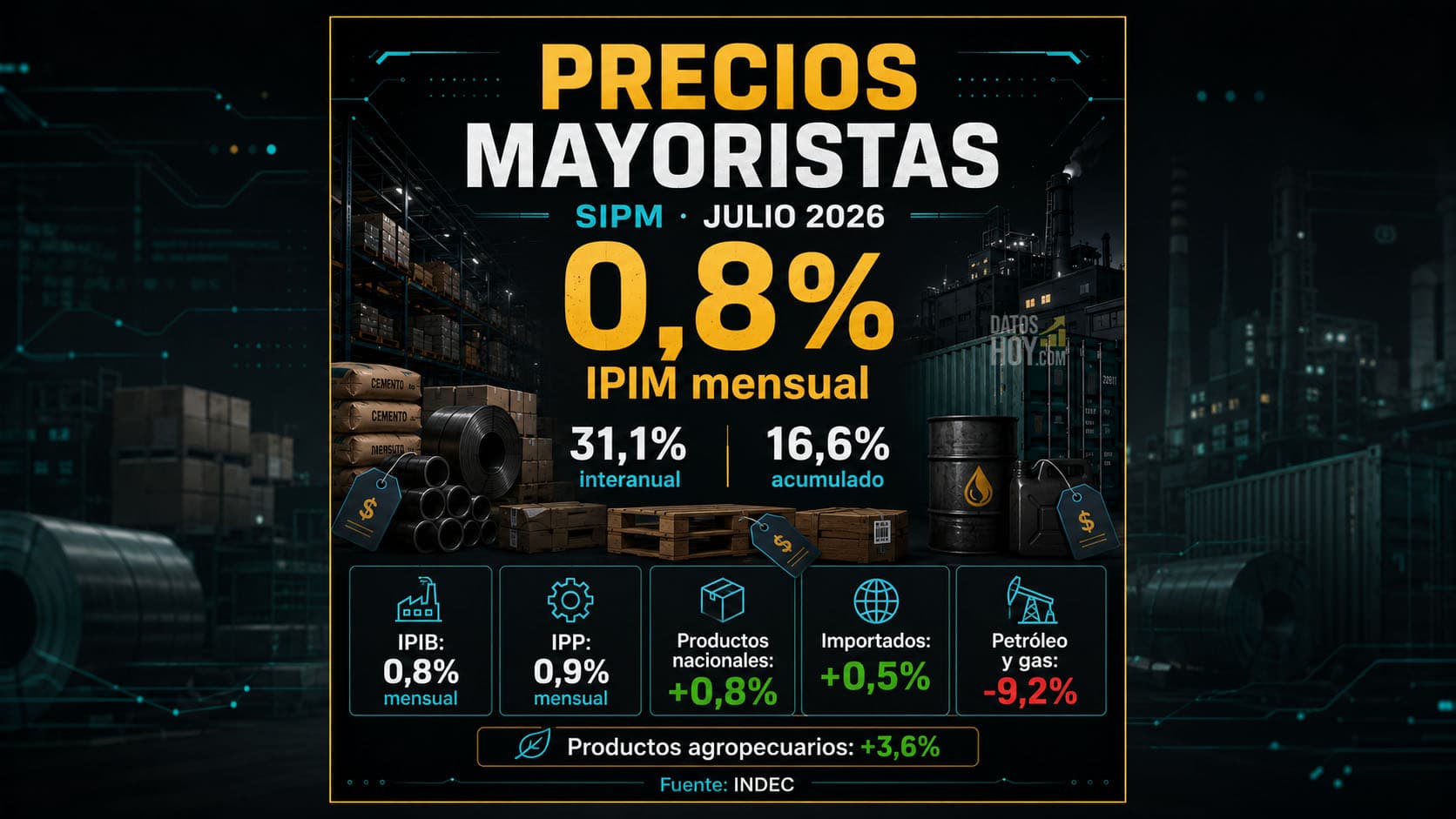 Portada sobre precios mayoristas de julio de 2026: el IPIM subió 0,8% mensual, acumuló 16,6% en el año y registró una variación interanual de 31,1%, con IPIB en 0,8%, IPP en 0,9% y caída de 9,2% en petróleo y gas, según INDEC.
