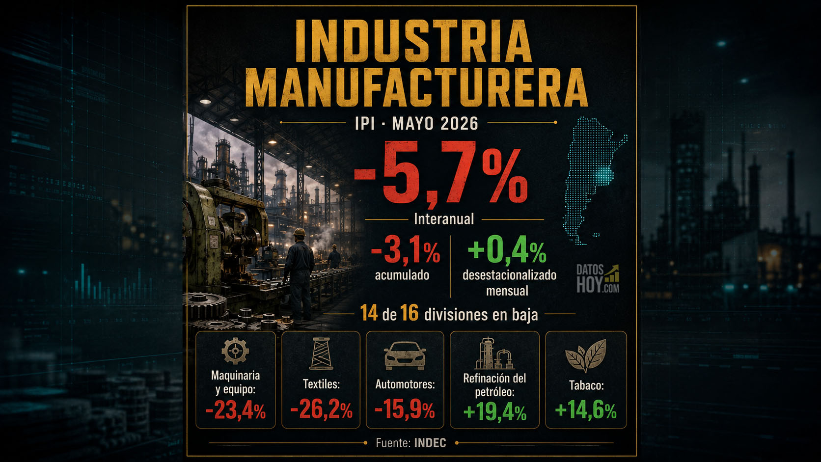 Portada sobre la industria manufacturera de mayo de 2026: IPI manufacturero con caída interanual de 5,7%, baja acumulada de 3,1%, suba desestacionalizada mensual de 0,4% y 14 de 16 divisiones en baja, según INDEC.